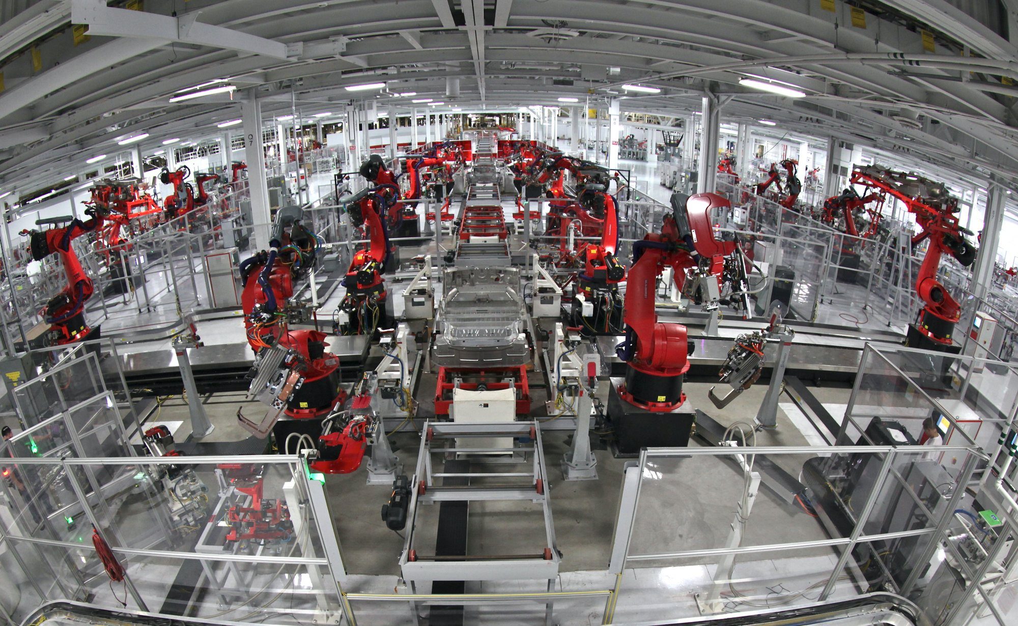 Robotic welding cells on a car assembly line